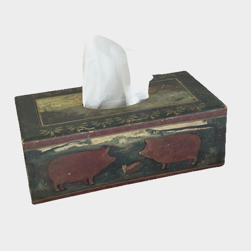 Primitive Tissue Box Bob’s Boxes PRICILLA Pigs Hogs Farm Farmhouse Maroon VTG